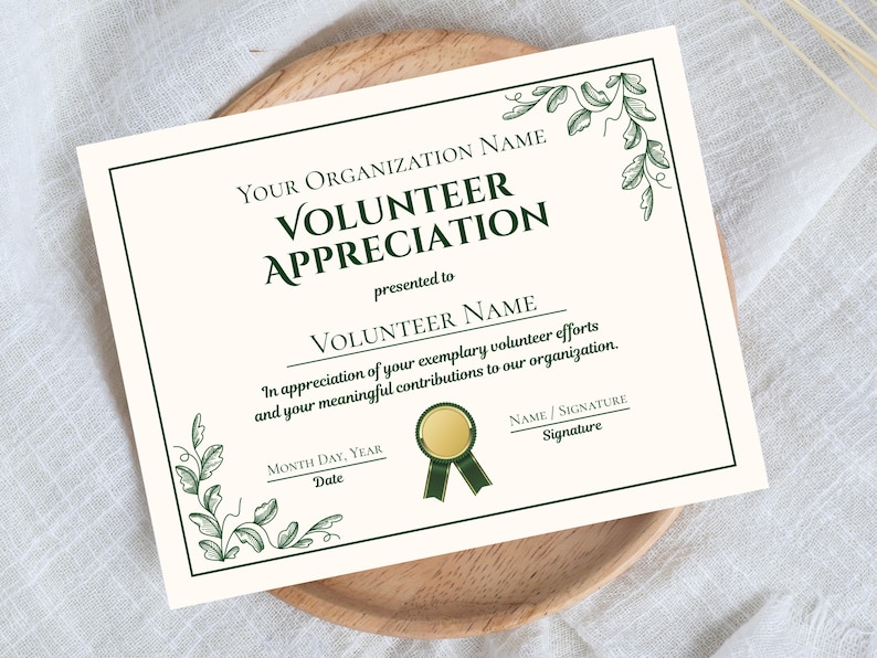 Volunteer Appreciation Certificate Award, Editable Canva Template, Volunteer Recognition Printable Organization Award (Digital Download) image 1
