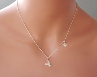 Two State Necklace Outline Silver Plated on Sterling Chain California New York Florida New Jersey Wisconsin Connecticut dainty jewelry