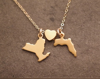 Twee staat hart ketting, goud, ALLE 50, staat sieraden, Californië, New York, Florida, Illinois, Jersey, Wisconsin, Pennsylvania, Ohio,