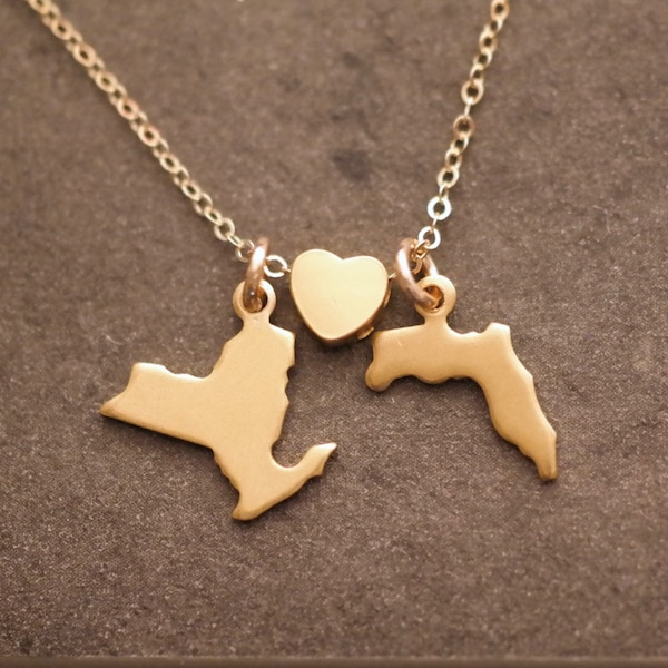 Two State Heart Necklace, Gold, ALL 50, State Jewelry, California, New York, Florida, Illinois, Jersey, Wisconsin, Pennsylvania, Ohio,