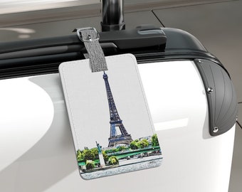 Lady Liberty and Lady Eiffel Paris France Saffiano Polyester Luggage Tag, Rectangle