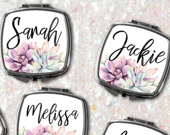 Personalized Bridesmaid Gifts, mirrors personalized compact mirror blush, succulent, girly, Set of 3 4 5 6 7, Bridal shower favors -SCM50SUB