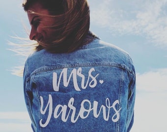 Custom Mrs. Leather Jacket Iron on Heat Transfer Mrs. Jacket Mrs. denim jacket Personalized Decal Bride leather jacket bride jacket -HT26HTV