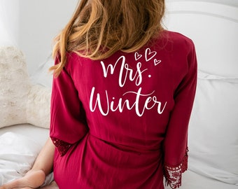 Bridal robe with lace Mrs Robe Personalized Cotton honeymoon gift for bride bridal shower valentines day christmas holiday red getting ready