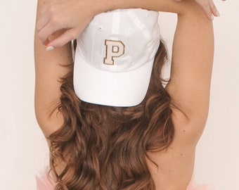 Varsity Letter Patch Hat, Preppy Ball Cap, Personalized soft top baseball hat for bride and bridesmaids, bachelorette party hats, Beach pool