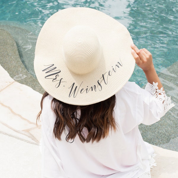 Mrs. Floppy Hat, Custom, Floppy Hat Sun Hat Newly Engaged Gift Rose Gold metallic Honeymoon Beach Hat Personalized Bride Gift white - FH9HTV