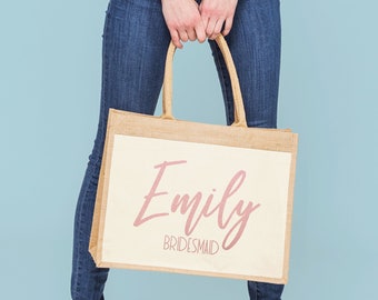 Personalized Jute Gift Bag Tote Set of 5 6 7 8 YOU CHOSE QTY Bridesmaid proposal gifts Bridal shower favor beach cotton front pocket custom