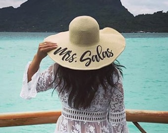 Mrs. Floppy Hat, Custom Floppy Hat, Floppy Sun Hat, Newly Engaged Gift, Mrs. Beach Hat Honeymoon  Personalized Bride Gift straw - FH3HTV