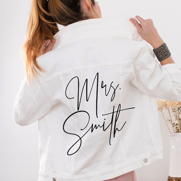 Custom Mrs. White Denim Jacket // Iron on Heat Transfer // Mrs. Jacket Mrs. Personalized Decal works on faux leather + leather bride jacket