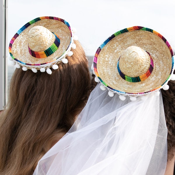 Mini Sombrero Hat with pom poms and hair clip and Veil for future Mrs Final Fiesta Bachelorette Party, Mexican bridal shower, bride to be