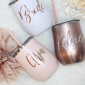 Set of 4 5 6 7 YOU CHOSE QTY metal wine tumbler with lid and straw Bridal shower favors Personalized Bridesmaid Gifts rose gold MWT4V image 6