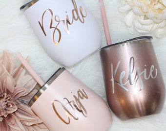 Set of 4 5 6 7 YOU CHOSE QTY metal wine tumbler with lid and straw Bridal shower favors Personalized Bridesmaid Gifts rose gold - MWT4V