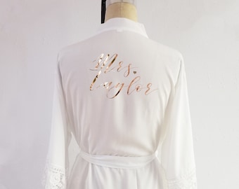Bridal robe with lace, Mrs Robe, Personalized Cotton plus size robe for bride, Rose Gold and silver