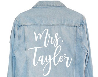 Custom Mrs. Leather Jacket Iron on Heat Transfer Mrs. Jacket Mrs. denim jacket Personalized Decal Bride leather jacket bride jacket -HT26HTV