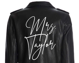 Custom Mrs. Leather Jacket Iron on Heat Transfer Mrs. Jacket Mrs. denim jacket Personalized Decal Bride leather jacket bride jacket -HT26HTV