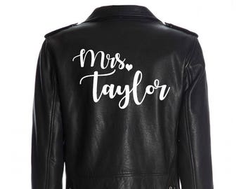 Custom Mrs. Leather Jacket Iron on Heat Transfer Mrs. Jacket Mrs. denim jacket Personalized Decal Bride leather jacket bride jacket -HT8HTV