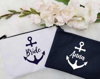 Set of, 4, 5, 6, 7 Personalized, bag makeup Bridesmaid gifts Bridal shower, anchor, nautical, navy, white, cosmetic, bridal party -PMB25CHTV