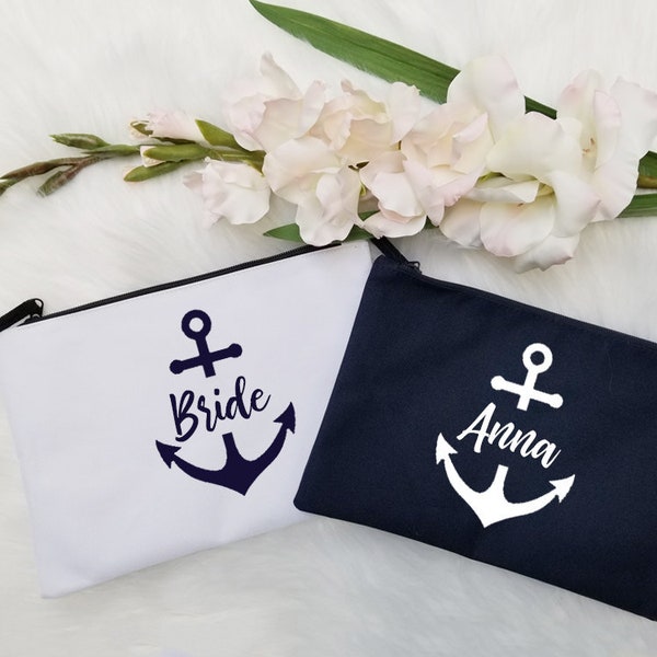 Set of, 4, 5, 6, 7 Personalized, bag makeup Bridesmaid gifts Bridal shower, anchor, nautical, navy, white, cosmetic, bridal party -PMB25CHTV