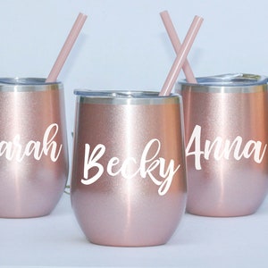 Set of 5 6 7 8 YOU CHOSE QTY metal wine tumbler Gold Rose Glitter Bridal shower favors Personalized Bridesmaid Gifts lid straw white - MWT2V