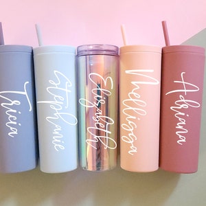 Personalized Tumbler with Lid and Straw, Custom Name Matte Skinny Tumbler, Holographic, acrylic cups, hen party favors, Bridesmaids Gifts