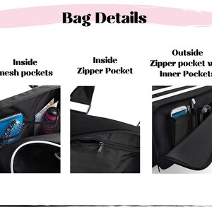 May include: Black bag with white trim, showcasing details like inside mesh pockets, a zipper pocket, and an outside zipper pocket with inner pockets. The text "Bag Details" is at the top.
