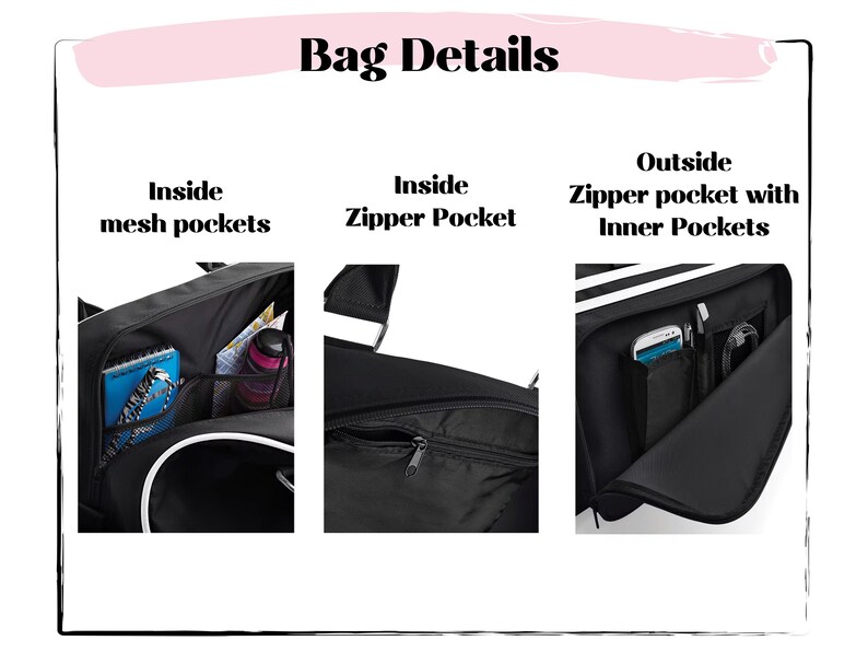 May include: Black bag with white trim, showcasing details like inside mesh pockets, a zipper pocket, and an outside zipper pocket with inner pockets. The text "Bag Details" is at the top.