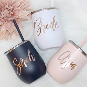 Set of 4 5 6 7 YOU CHOSE QTY metal wine tumbler with lid and straw Bridal shower favors Personalized Bridesmaid Gifts rose gold - MWT4V