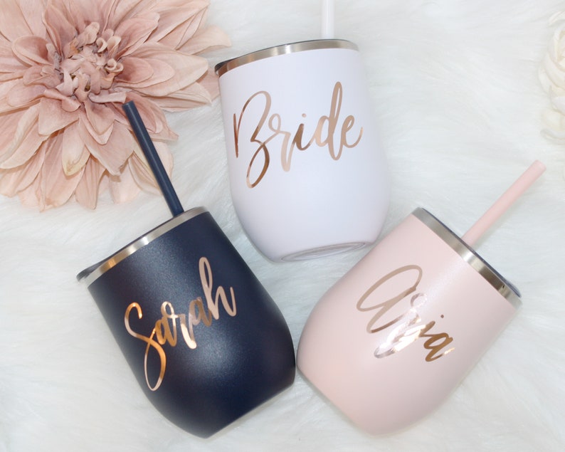 Set of 4 5 6 7 YOU CHOSE QTY metal wine tumbler with lid and straw Bridal shower favors Personalized Bridesmaid Gifts rose gold MWT4V image 1