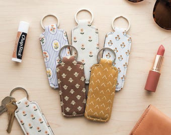 Lip Balm Holder Keychain and Wristlet Keychain in Boho Cottagecore Print Options