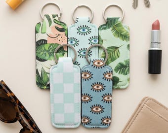 Lip Balm Holder Keychain and Wristlet Keychain in Tropical, checkered and y2k Print Options