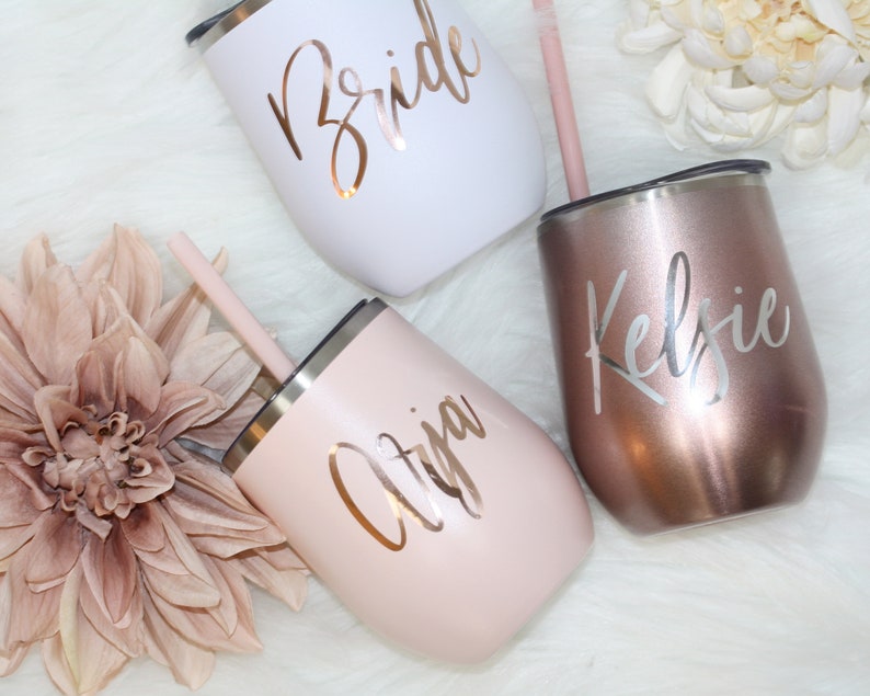 Set of 4 5 6 7 YOU CHOSE QTY metal wine tumbler with lid and straw Bridal shower favors Personalized Bridesmaid Gifts rose gold MWT4V image 6