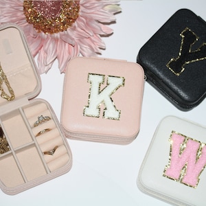 Personalized Travel Jewelry Box, Custom Jewelry Organizer Case with Varsity Letter Chenille Patch, Bridesmaid Proposal Bridesmaids Gifts