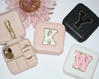 Personalized Travel Jewelry Box, Custom Jewelry Organizer Case with Varsity Letter Chenille Patch, Bridesmaid Proposal Bridesmaids Gifts