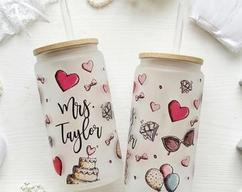 Personalized Glass Tumbler Cup with wedding theme, diamond ring, cake, balloons with New Mrs. Last Name