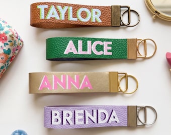 Personalized Shadow Monogram Vegan Leather Wristlet strap Keychain Key Ring Holder