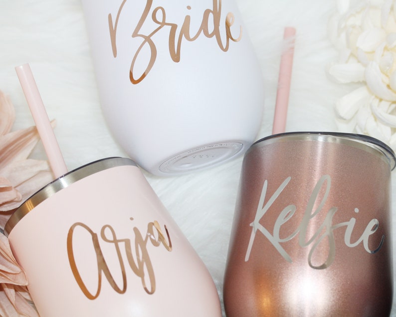 Set of 4 5 6 7 YOU CHOSE QTY metal wine tumbler with lid and straw Bridal shower favors Personalized Bridesmaid Gifts rose gold MWT4V image 10