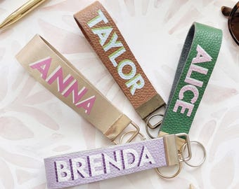 Personalized Shadow Monogram Vegan Leather Wristlet strap Keychain Key Ring Holder