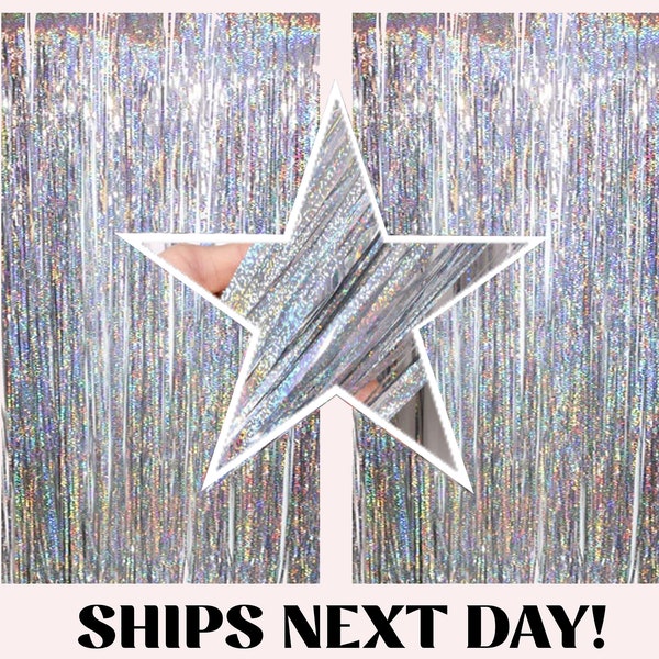 Silver Holographic Foil Curtains, Metallic Fringe Tinsel, Photo Backdrop, Bachelorette party Decor, Last Disco, Disco Cowgirl Glitz and Glam