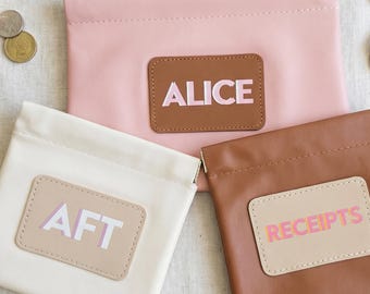 Personalized Vegan Leather Pouch with custom shadow monogram patch and self closing top