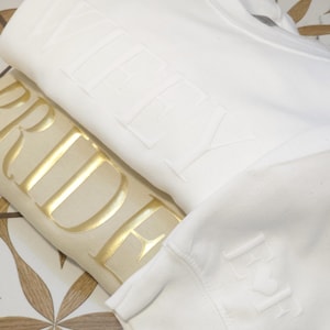 Mrs Bride Pullover, Bride Crewneck Sweatshirt, Wifey Puff 3D print with initials on sleeve, Gift for Bride to be