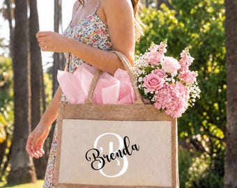 Personalized Jute Tote Bag with Name, Monogram Bridesmaid Gift, Custom Gift Bag, Bridesmaid Proposal Bag, Bridal Shower Favor, Wedding Tote