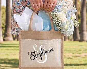 Personalized Jute Tote Bag with Name, Monogram Bridesmaid Gift, Custom Gift Bag, Bridesmaid Proposal Bag, Bridal Shower Favor, Wedding Tote