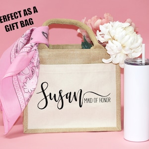 Personalized Jute Gift Bag Tote Set of 5 6 7 8 YOU CHOSE QTY Bridesmaid proposal gifts Bridal shower favor beach cotton front pocket custom