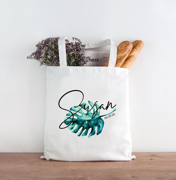 Palm leaf tote bag personalized with name and date tropical wedding bridal party bags bridesmaid totes gift for maid of honor bridal shower Etsy