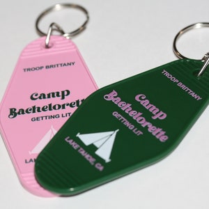 Custom Personalized Camp Bachelorette Retro Motel Keychains Glamping Camping Outdoorsy Mountain Bach Adventure Asheville Lake House Tent
