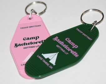 Custom Personalized Camp Bachelorette Retro Motel Keychains Glamping Camping Outdoorsy Mountain Bach Adventure Asheville Lake House Tent