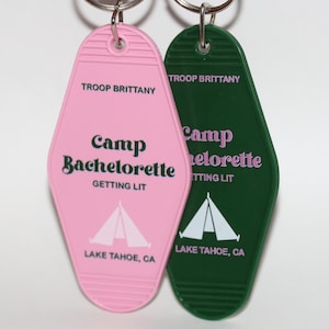Set of 10 Camp Bachelorette Favors Retro Motel Keychains Custom Glamping Camping Outdoorsy Mountain Bach Adventure Asheville Lake House Tent