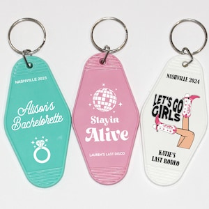 Set of 10 Last Disco Bachelorette Favors Retro Motel Keychains Lets Go Girls 70&#39;s Space Cowgirl Nash Bash, Nashville, Texas Bach, Scottsdale