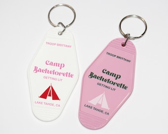 Set of 10 Camp Bachelorette Favors Retro Motel Keychains Custom Glamping Camping Outdoorsy Mountain Bach Adventure Asheville Lake House Tent