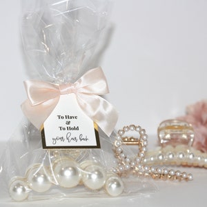 To have and to hold your hair back gift bag with pearl hair claw clip, Bridesmaid Proposal, Bridesmaids Gifts, Bachelorette party favor